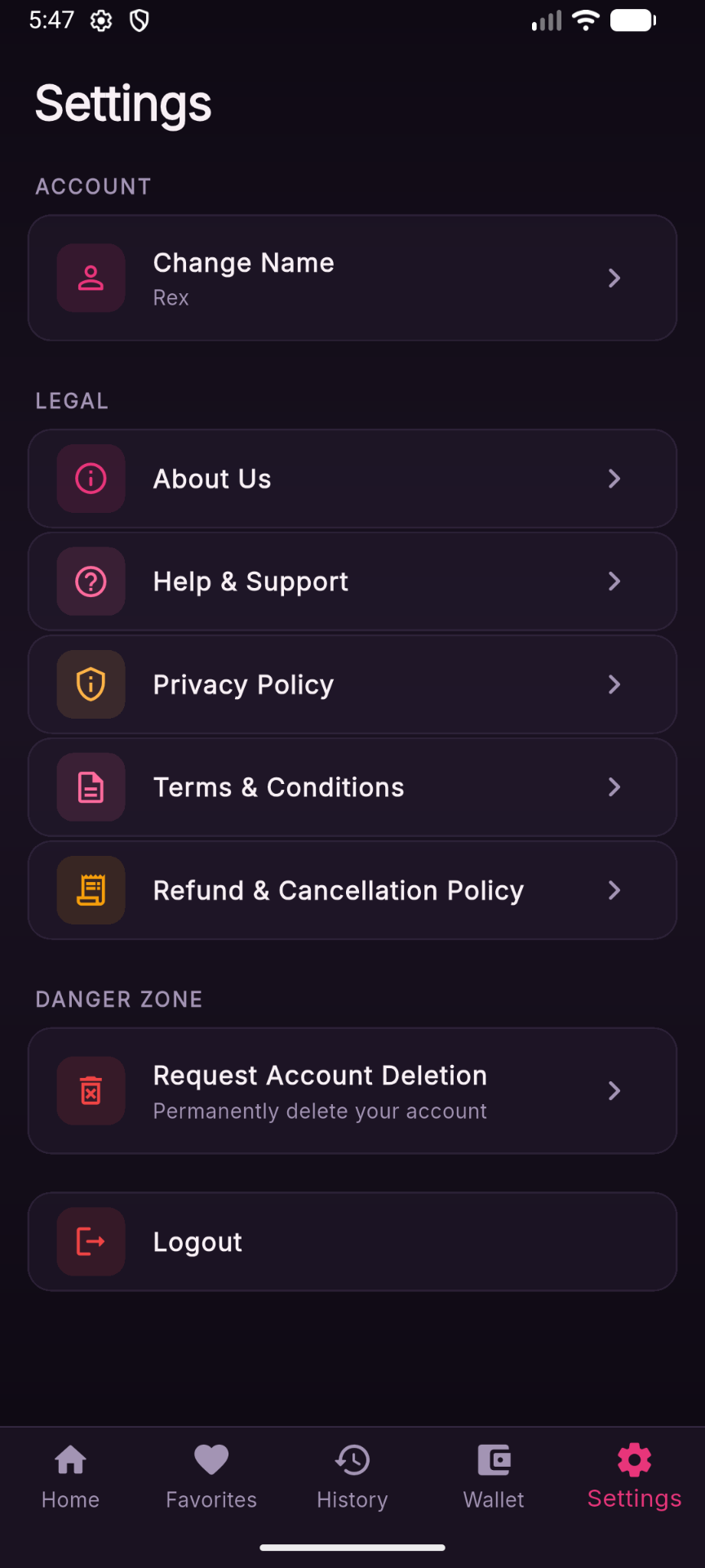 SoulMeet Settings screen with Request Account Deletion option