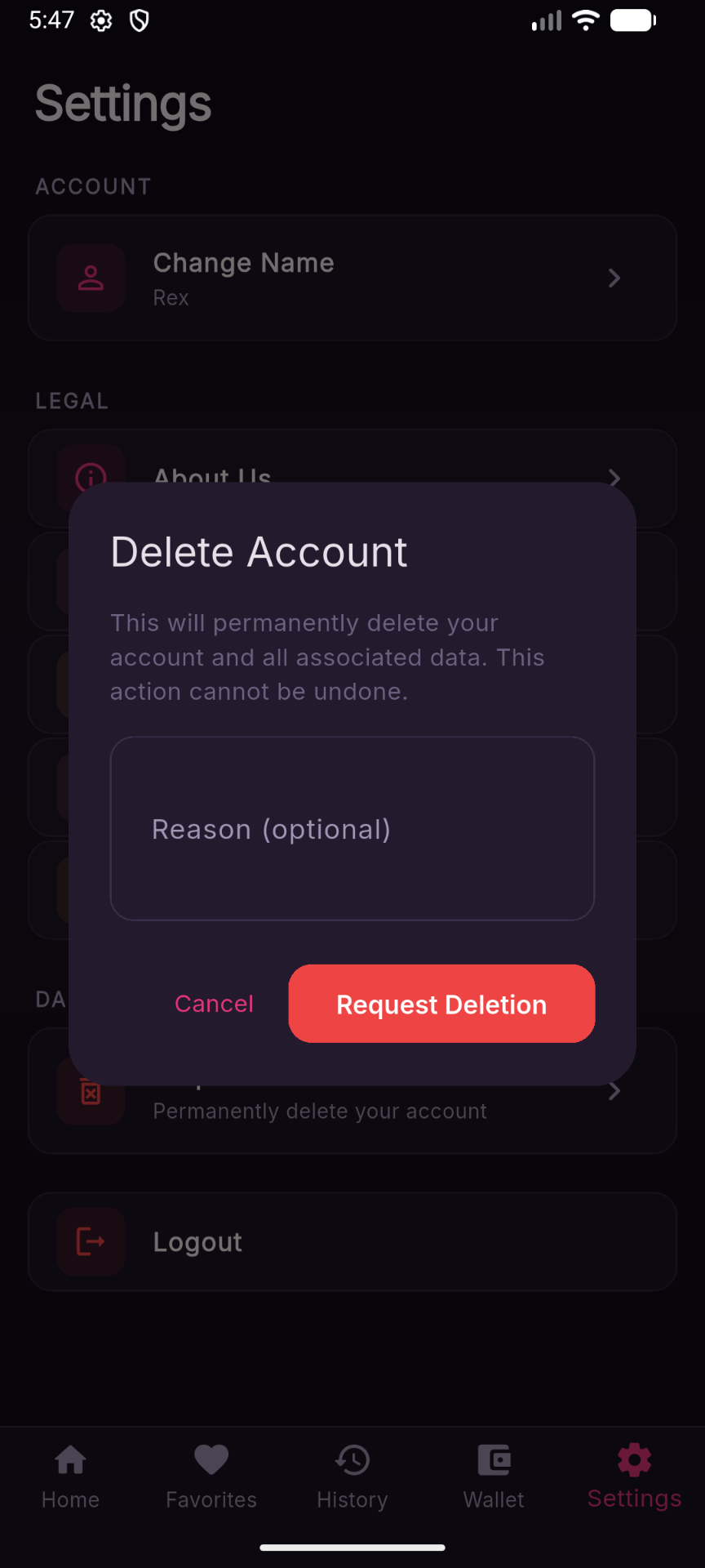SoulMeet Delete Account confirmation dialog